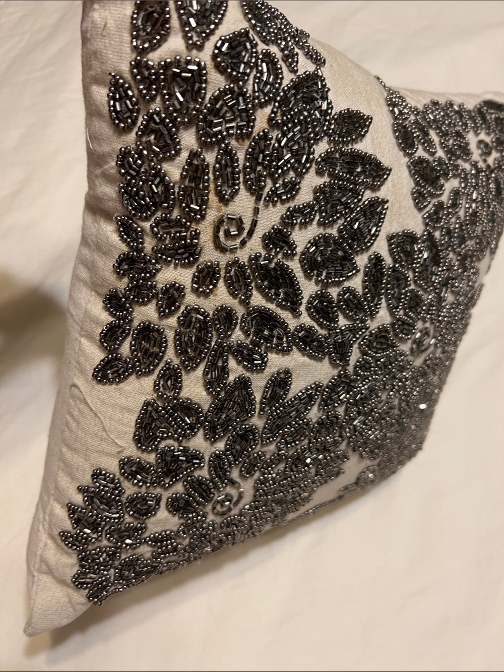 Embellished Cream Accent Pillow with Black Beaded Floral Design
